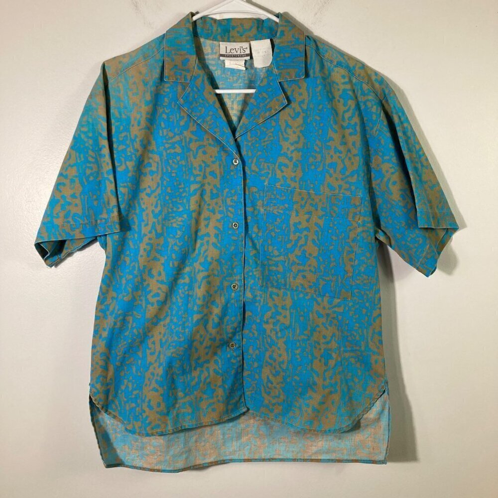 Womens Vintage Levis Sportswear Button Shirt Short Sleeve‎ Blue Gold S